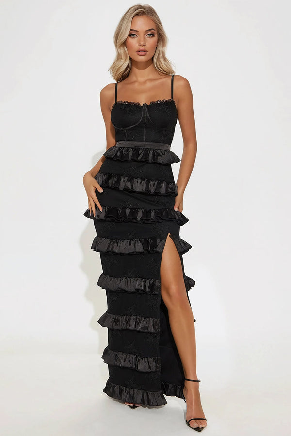 Helena Tiered Satin Lace Maxi Dress - Black