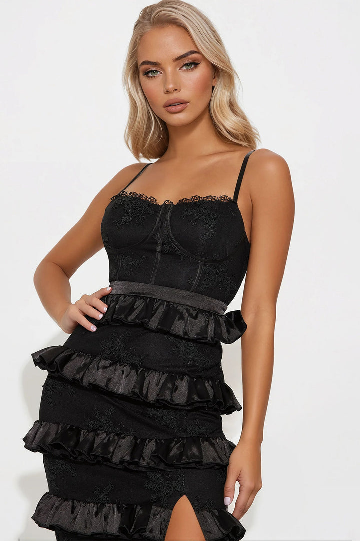 Helena Tiered Satin Lace Maxi Dress - Black