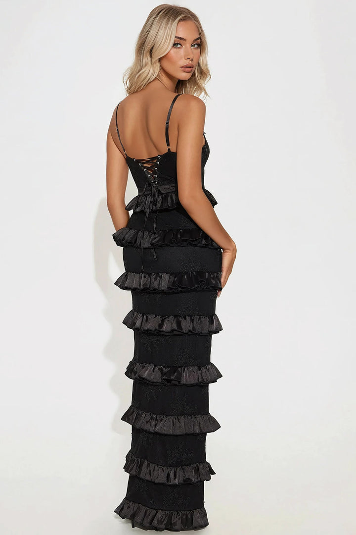 Helena Tiered Satin Lace Maxi Dress - Black