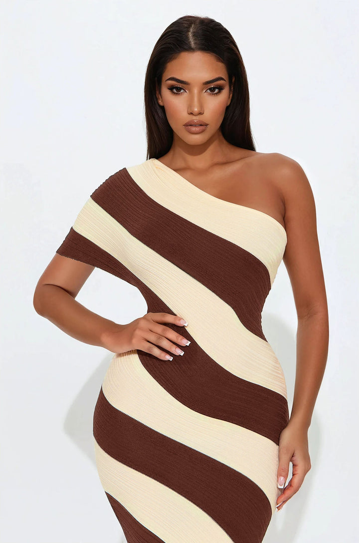 Akari Striped Sweater Midi Dress - Mocha/combo