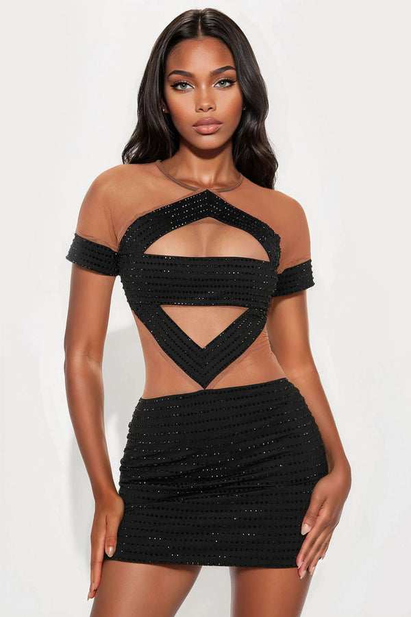 Hit The Scene Embellished Mesh Mini Dress - Nude/combo