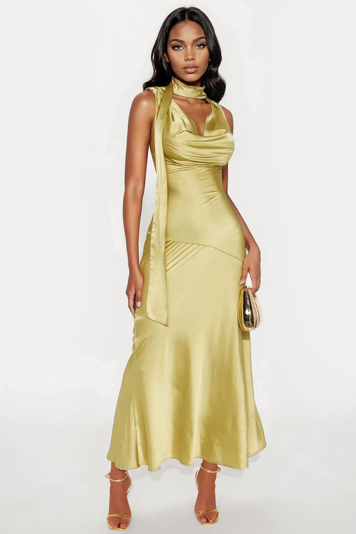 Valerie Cowl Neck Satin Maxi Dress - Green