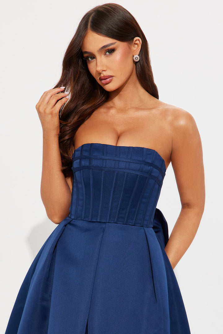 Majestic Night Satin Midi Dress - Navy