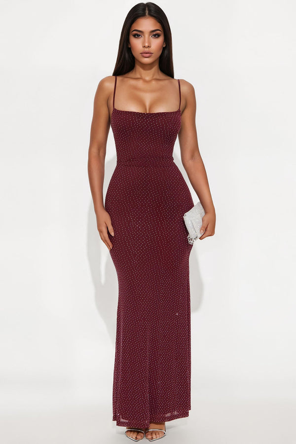 Shine Bright Rhinestone Maxi Dress - Wine