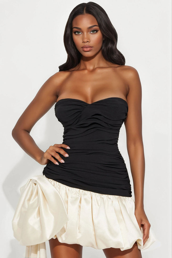Mia Removable Bow Satin Bubble Mini Dress - Black/combo
