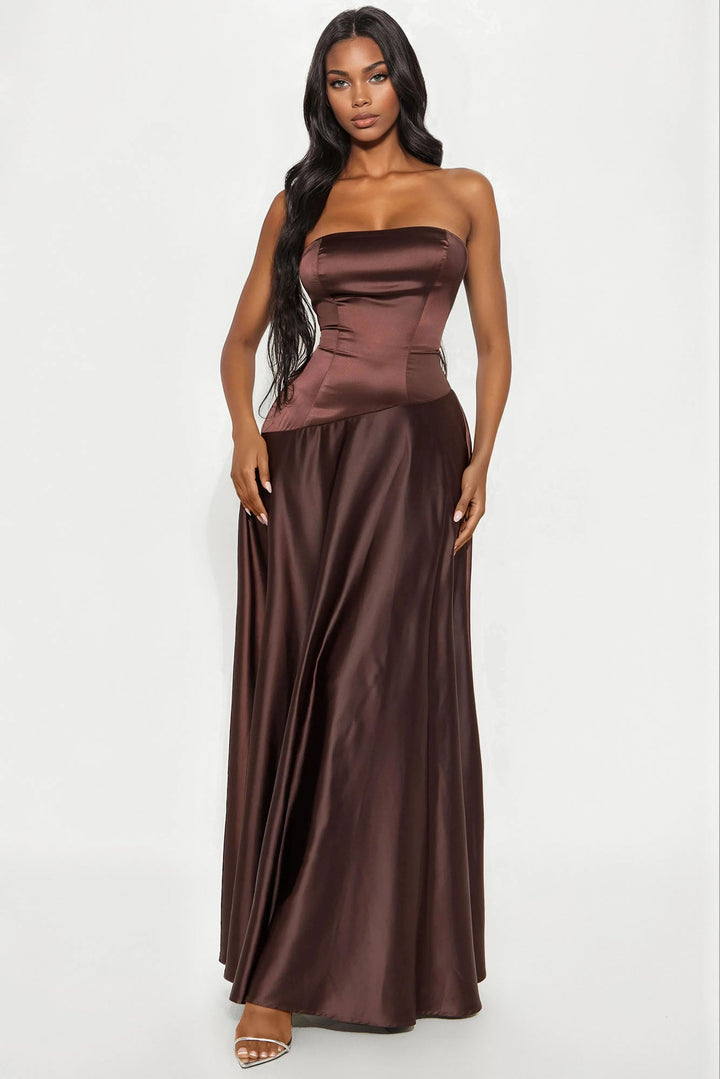 Cecilia Satin Strapless Gown - Chocolate