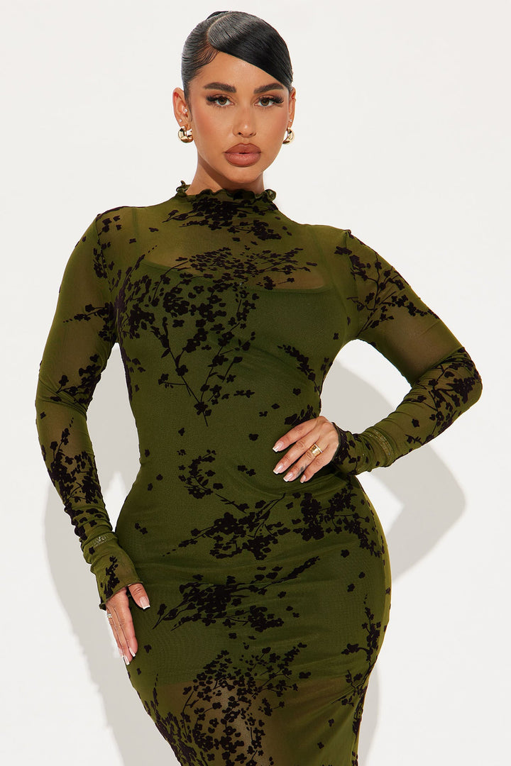 In Full Bloom Mesh Maxi Dress - Olive