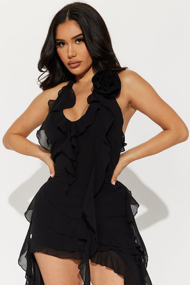 Ruffles and Roses Mini Dress - Black