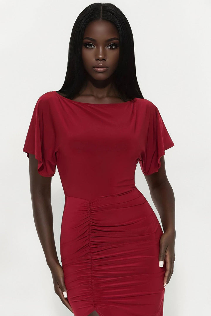 Maddison Short Sleeve Ruched Midi Dress - Burgundy