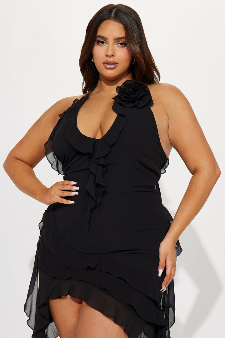 Ruffles and Roses Mini Dress - Black