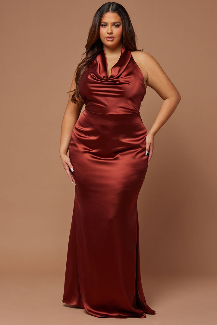 Laena Satin Draped Maxi Dress - Rust