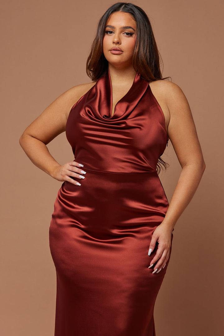 Laena Satin Draped Maxi Dress - Rust