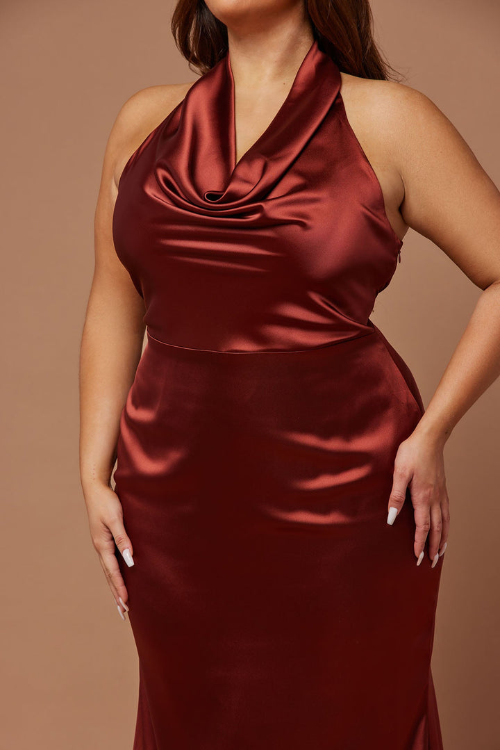 Laena Satin Draped Maxi Dress - Rust