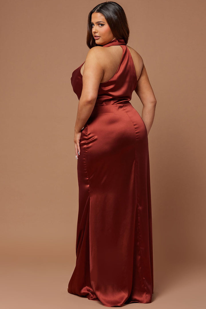 Laena Satin Draped Maxi Dress - Rust