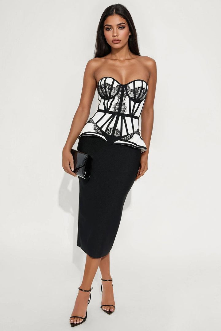 Joselli Peplum Bandage Midi Dress - White/Black