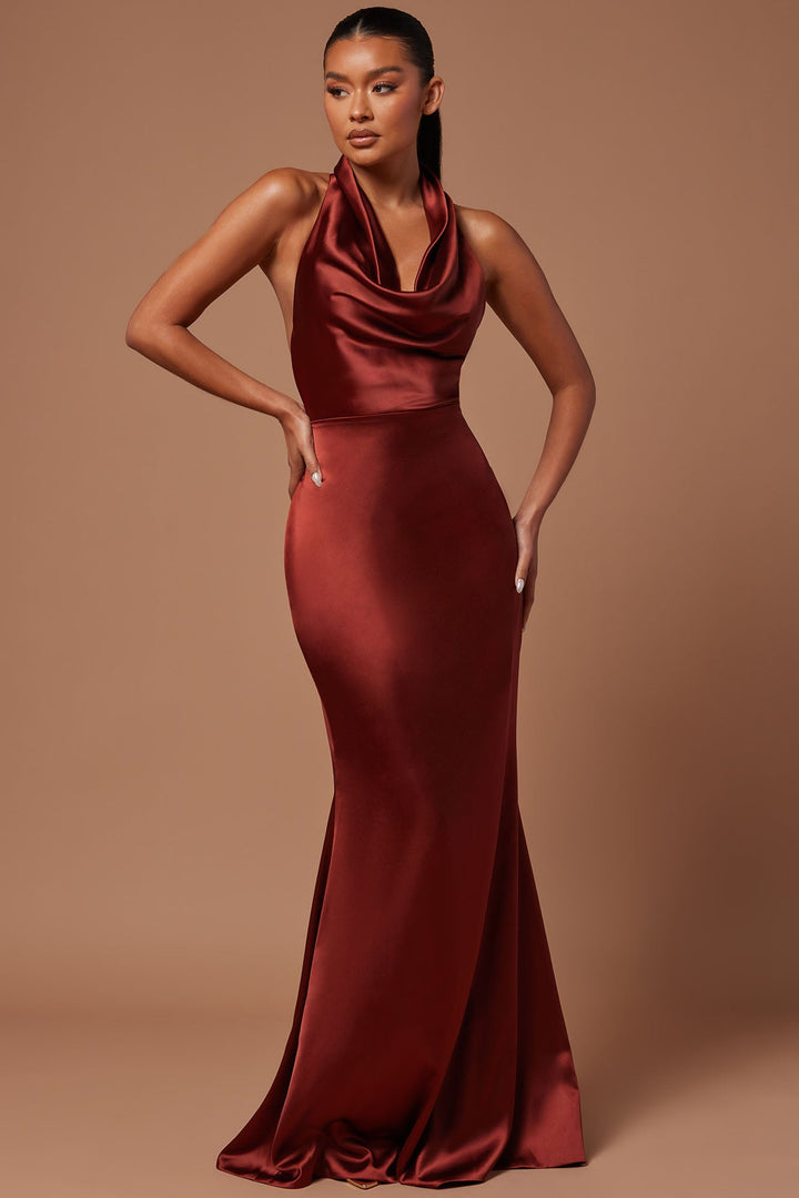 Laena Satin Draped Maxi Dress - Rust