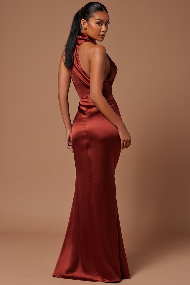 Laena Satin Draped Maxi Dress - Rust