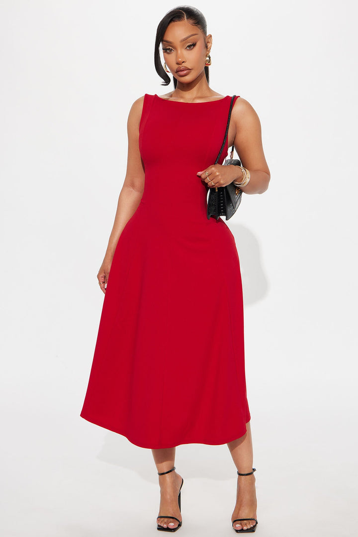 Sweet Sunday Knit Crepe Midi Dress - Red