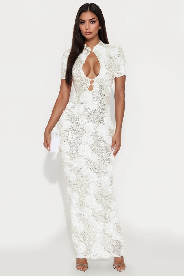 Tayla Mandarin Collar Sequin Gown - Cream