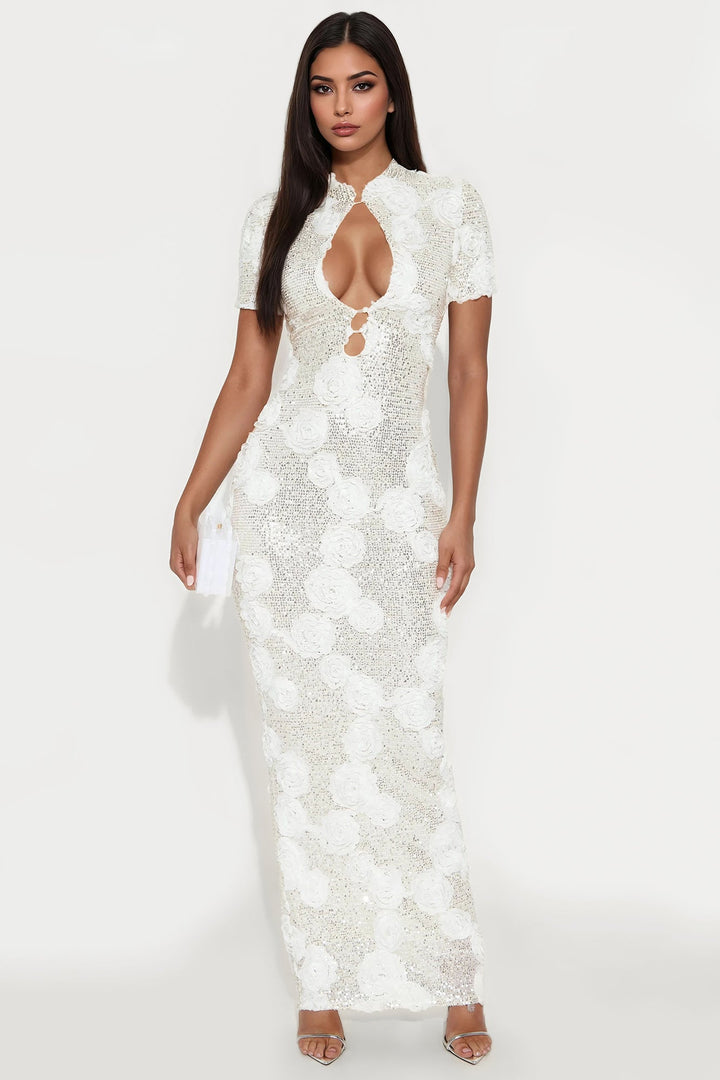 Tayla Mandarin Collar Sequin Gown - Cream