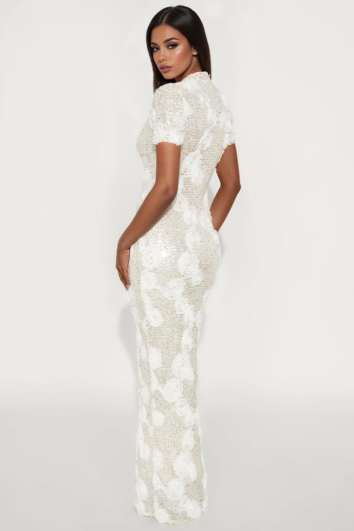 Tayla Mandarin Collar Sequin Gown - Cream
