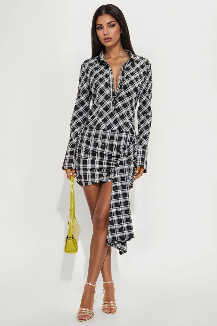 Haisley Plaid Mini Shirt Dress - Black/combo
