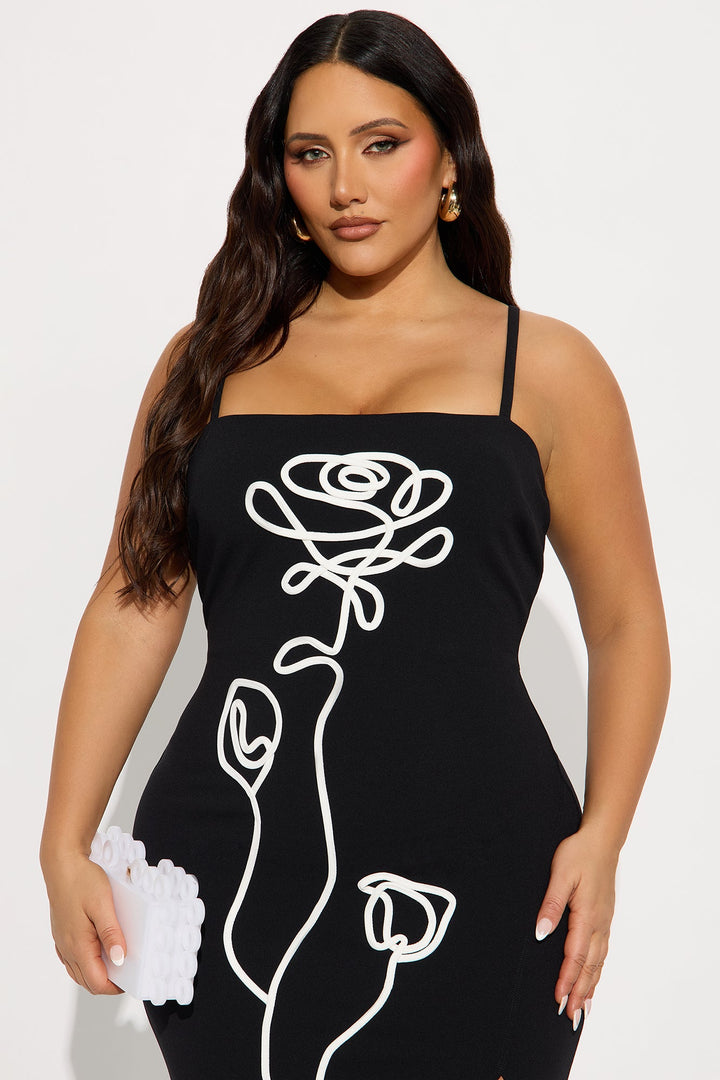 Mirabel Contrast Flower Midi Dress - Black/White