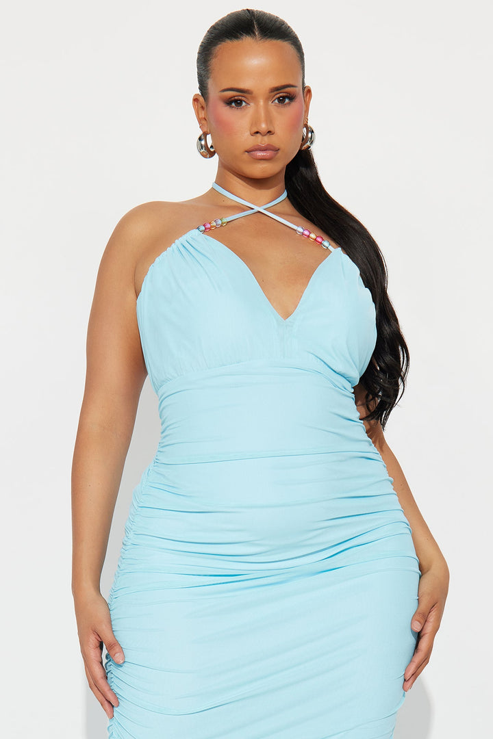 Melanie Mesh Beaded Halter Maxi Dress - Light Blue