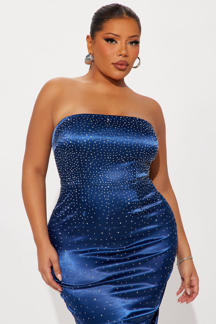 Davina Satin Rhinestone Midi Dress - Navy