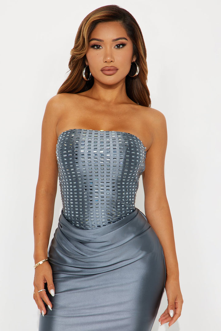Gia Rhinestone Strapless Gown - Dusty Blue