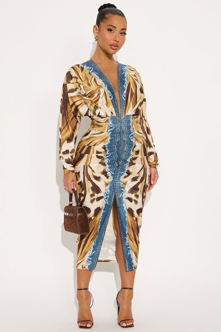 Lila Long Sleeve Midi Dress - Brown/combo