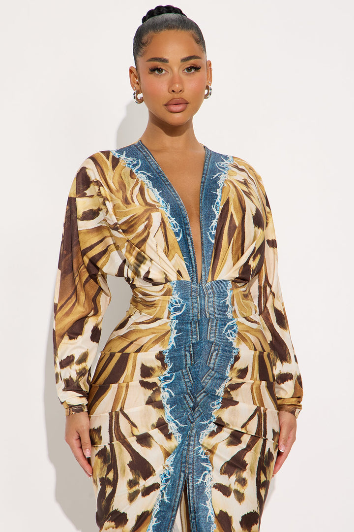 Lila Long Sleeve Midi Dress - Brown/combo