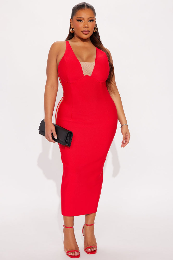 Topic Of Conversation Mesh Bandage Midi Dress - Red