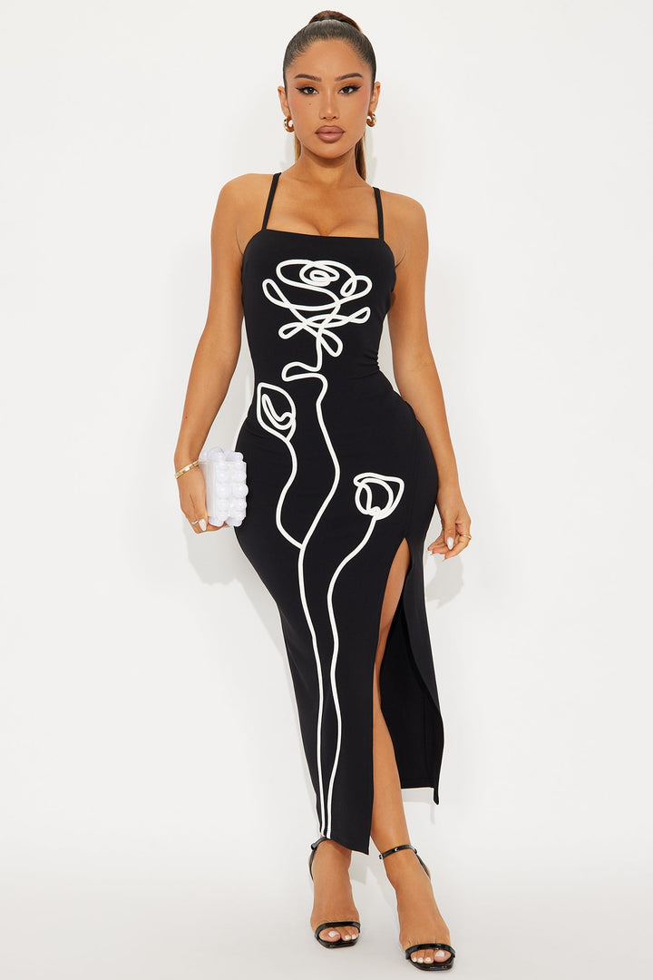 Mirabel Contrast Flower Midi Dress - Black/White