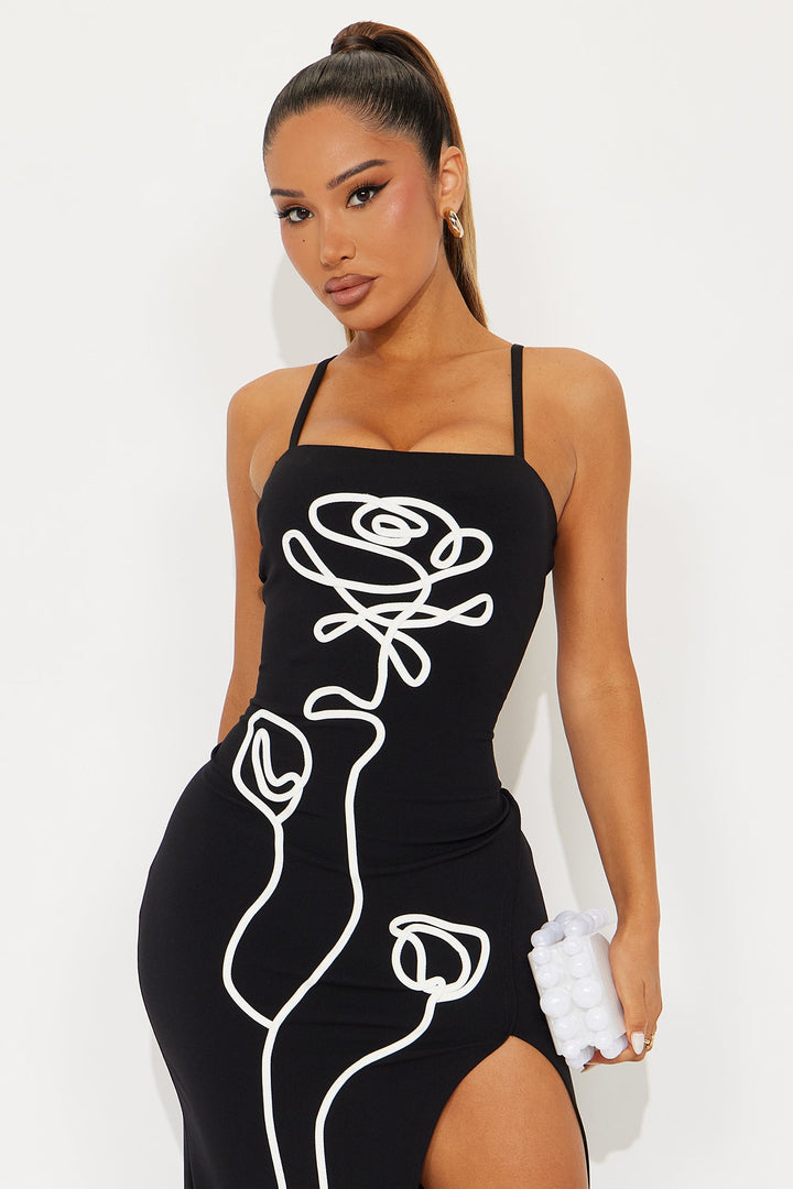 Mirabel Contrast Flower Midi Dress - Black/White