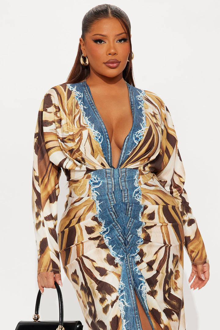 Lila Long Sleeve Midi Dress - Brown/combo