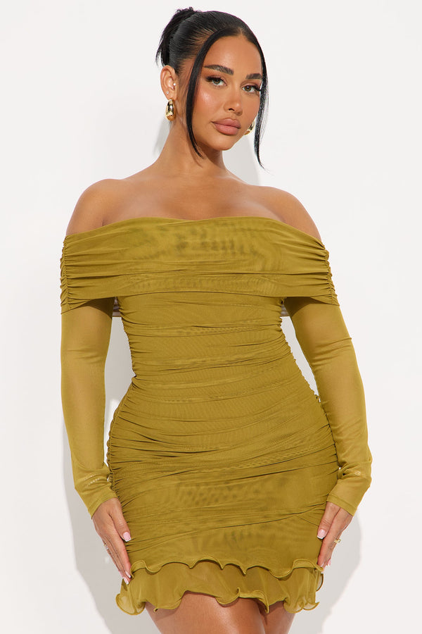 Tessa Mesh Off Shoulder Mini Dress - Chartreuse