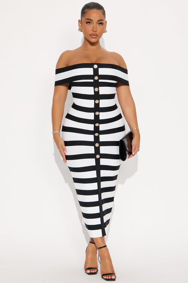 Zaria Striped Bandage Midi Dress - Black/White
