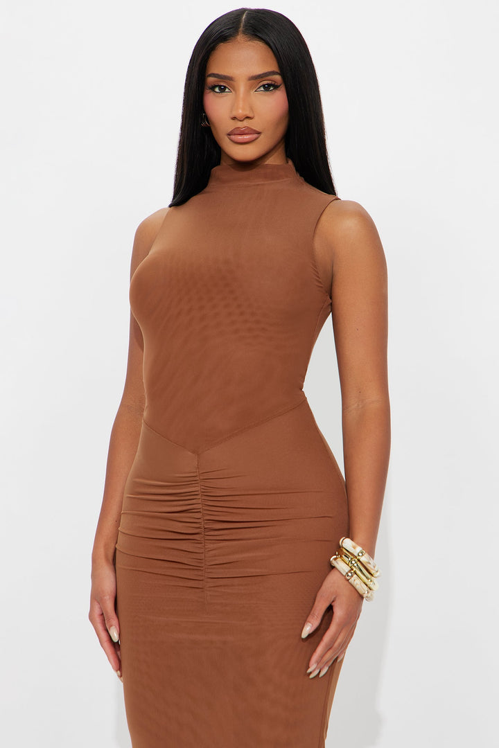 Vivian Sheer Mock Neck Maxi Dress - Cognac