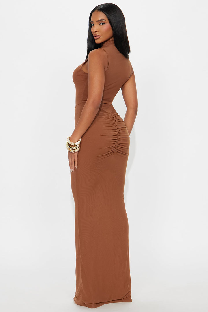 Vivian Sheer Mock Neck Maxi Dress - Cognac