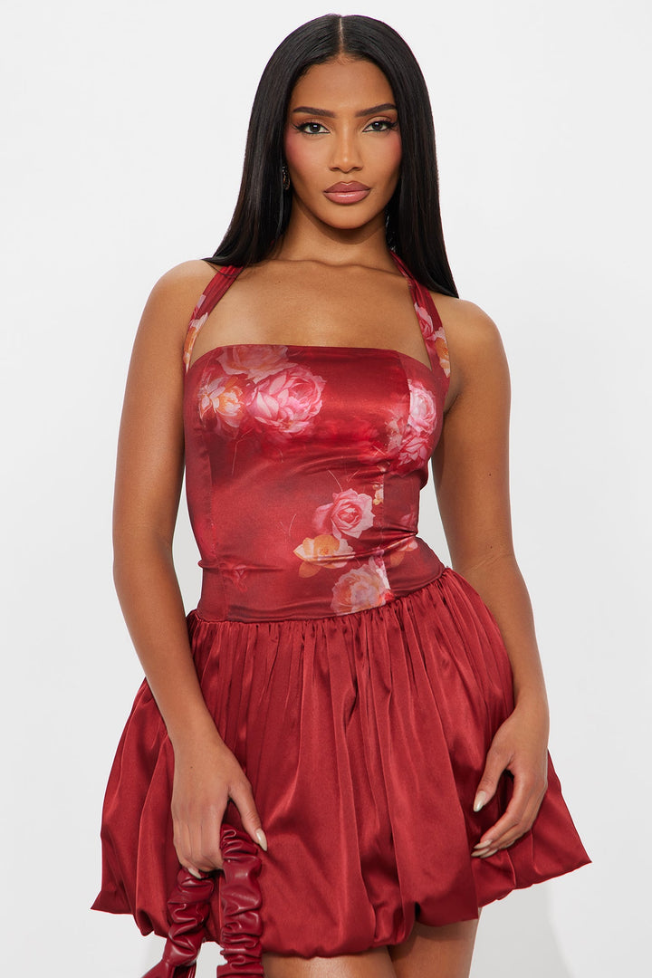 Thalia Floral Satin Mini Dress - Burgundy
