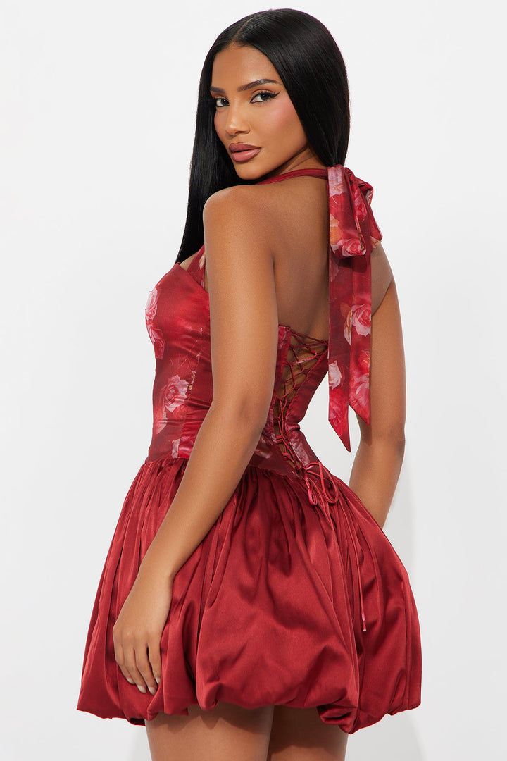 Thalia Floral Satin Mini Dress - Burgundy