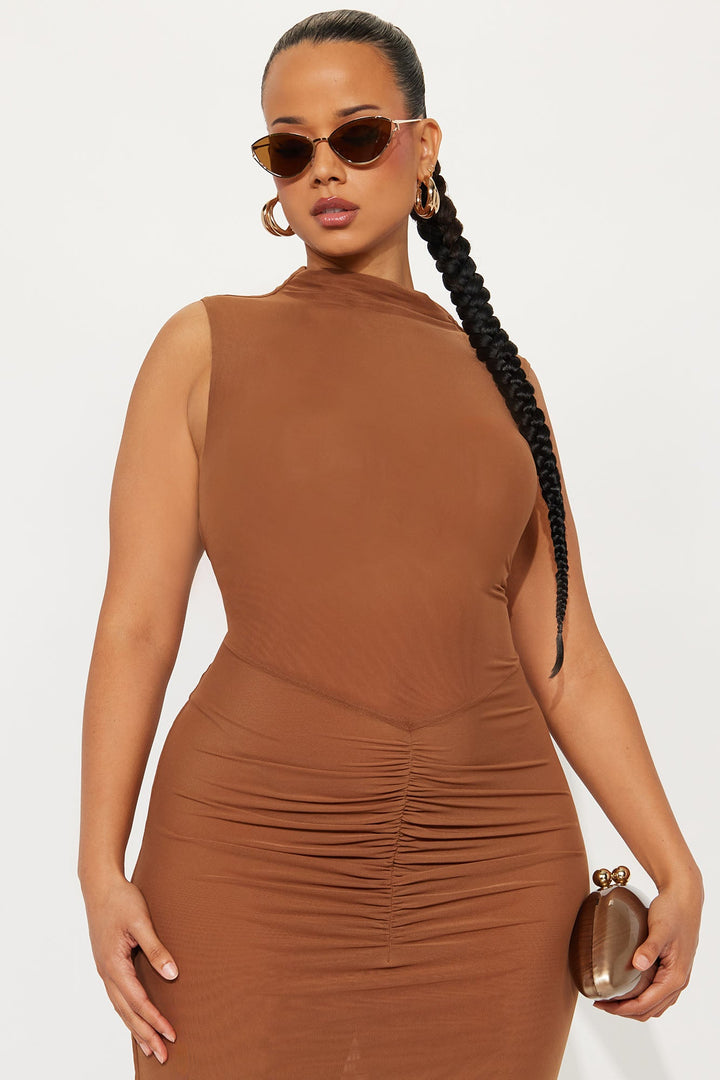 Vivian Sheer Mock Neck Maxi Dress - Cognac