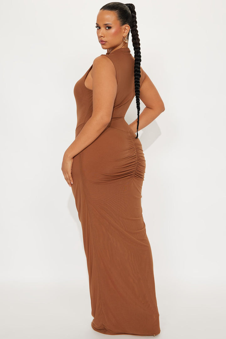 Vivian Sheer Mock Neck Maxi Dress - Cognac