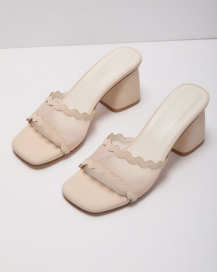 Celia Scallop Mesh Mules Beige