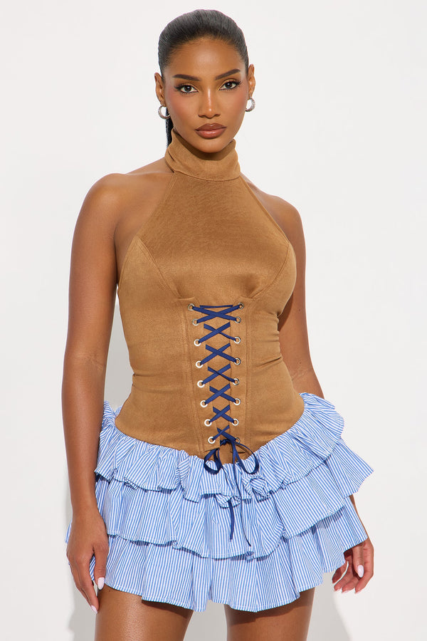 Roxie Ruffle Faux Suede Mini Dress - Camel/combo