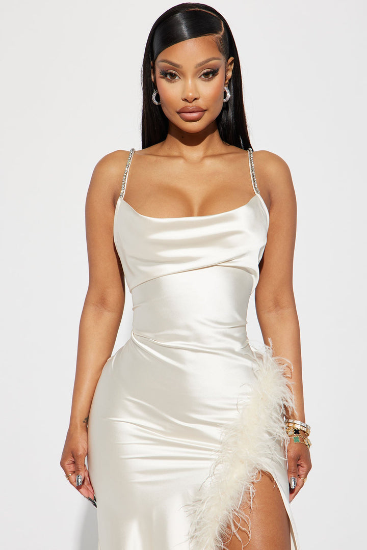 Isabella Feather Trim Satin Gown - Cream