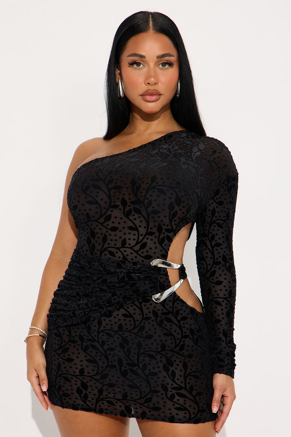 Alena Flocked Mesh Mini Dress - Black