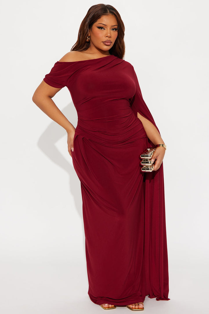 After Thought Asymmetrical Draped Maxi Dress - Wine