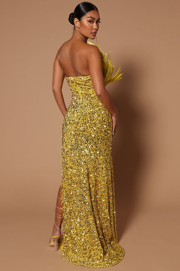 Angelina Feather Sequin Maxi Dress - Chartreuse